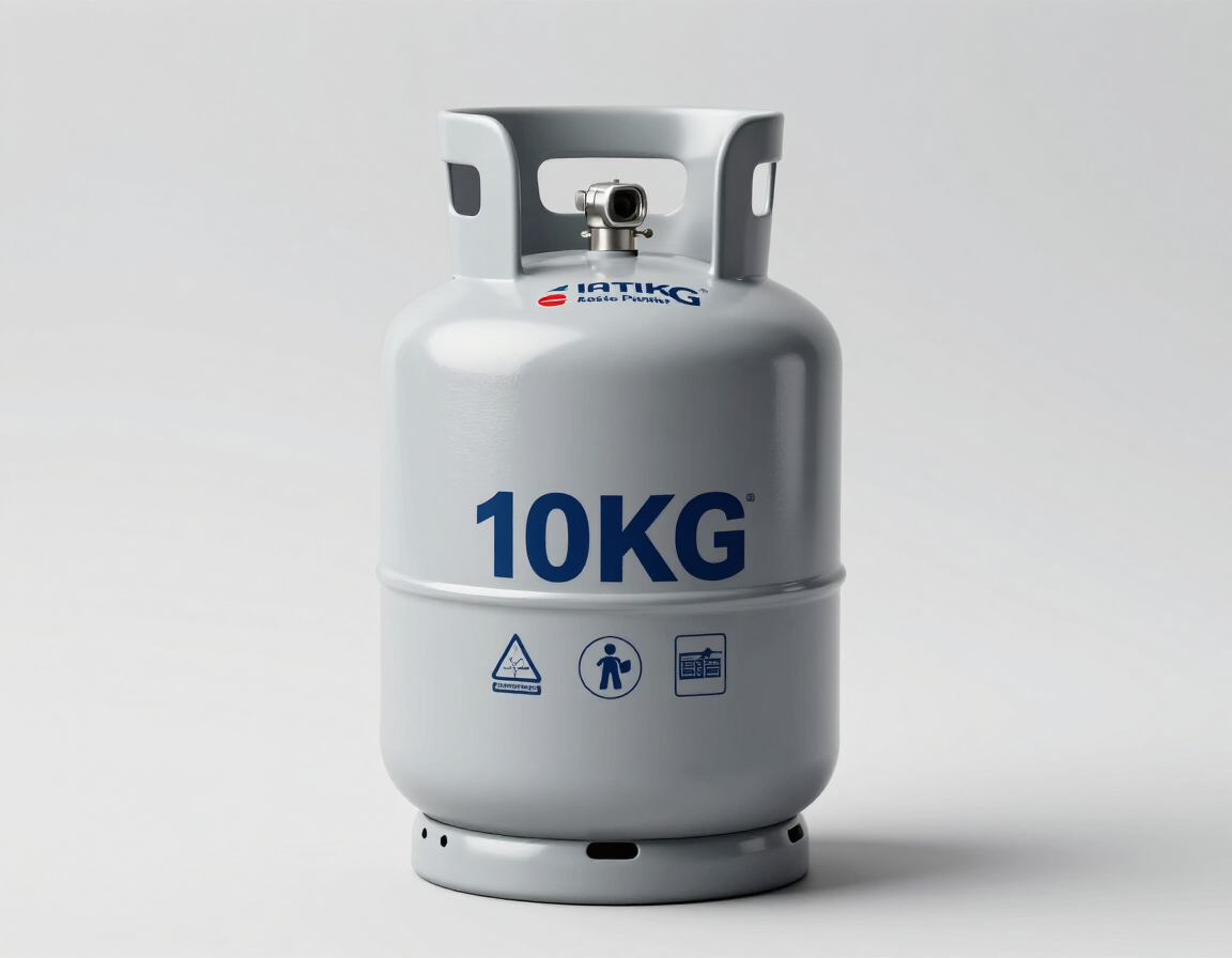 Cilindro de gas blanco de 10 kg con texto azul sobre fondo claro.