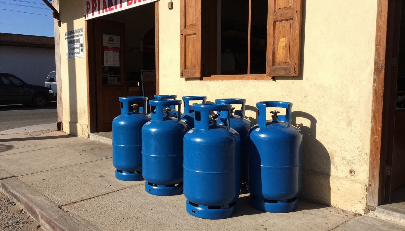 Varias bombonas de propano azules se alineaban frente a la entrada de un edificio, bañadas por la luz del sol.