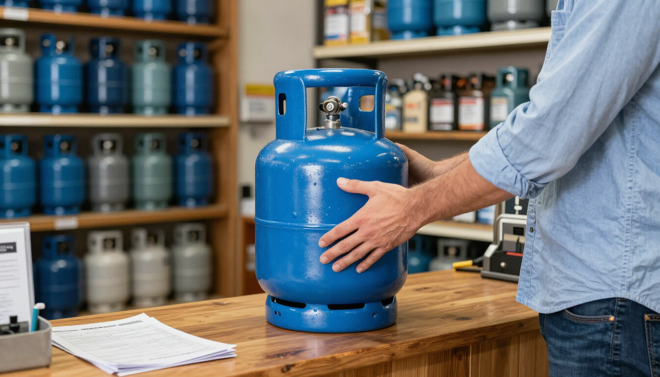 Una persona coloca una bombona de gas azul sobre un mostrador de madera en una tienda de suministros.