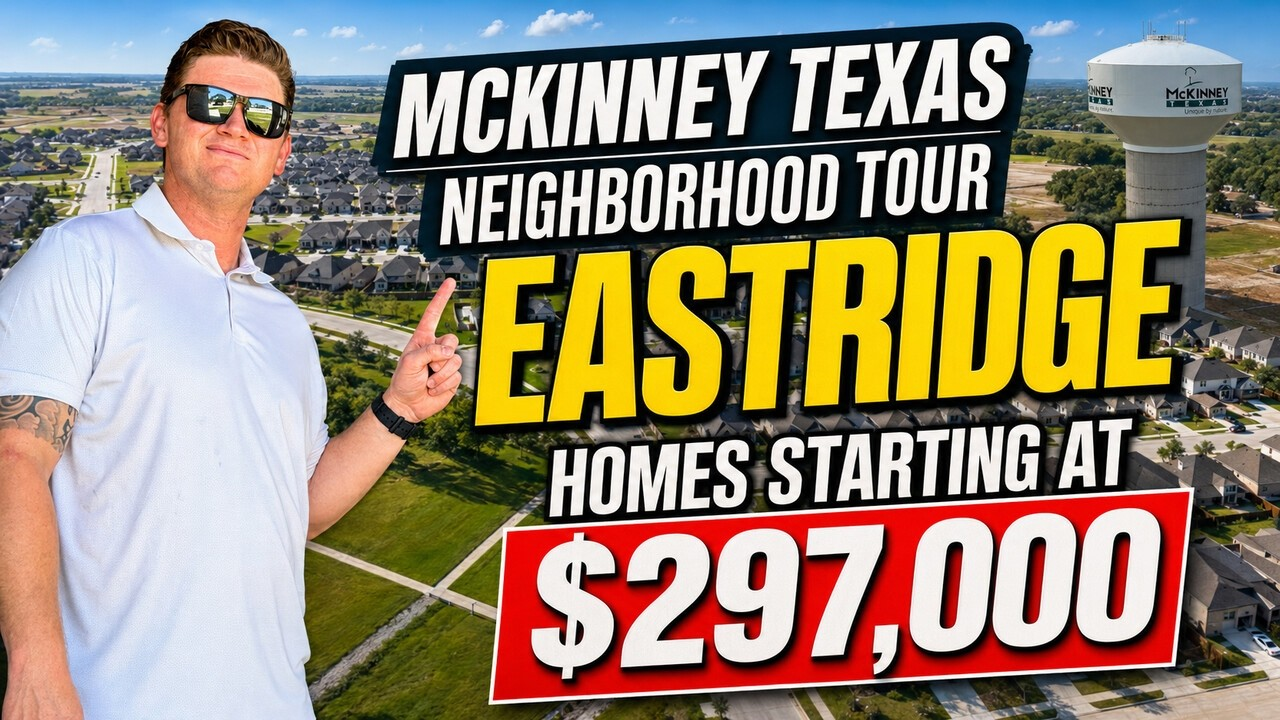 McKinney, Texas neighborhood tour sign reading “Eastridge homes starting at $297,000” beside a man pointing