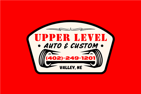 Upper Level Auto & Custom logo on red background with phone number and Valley, NE