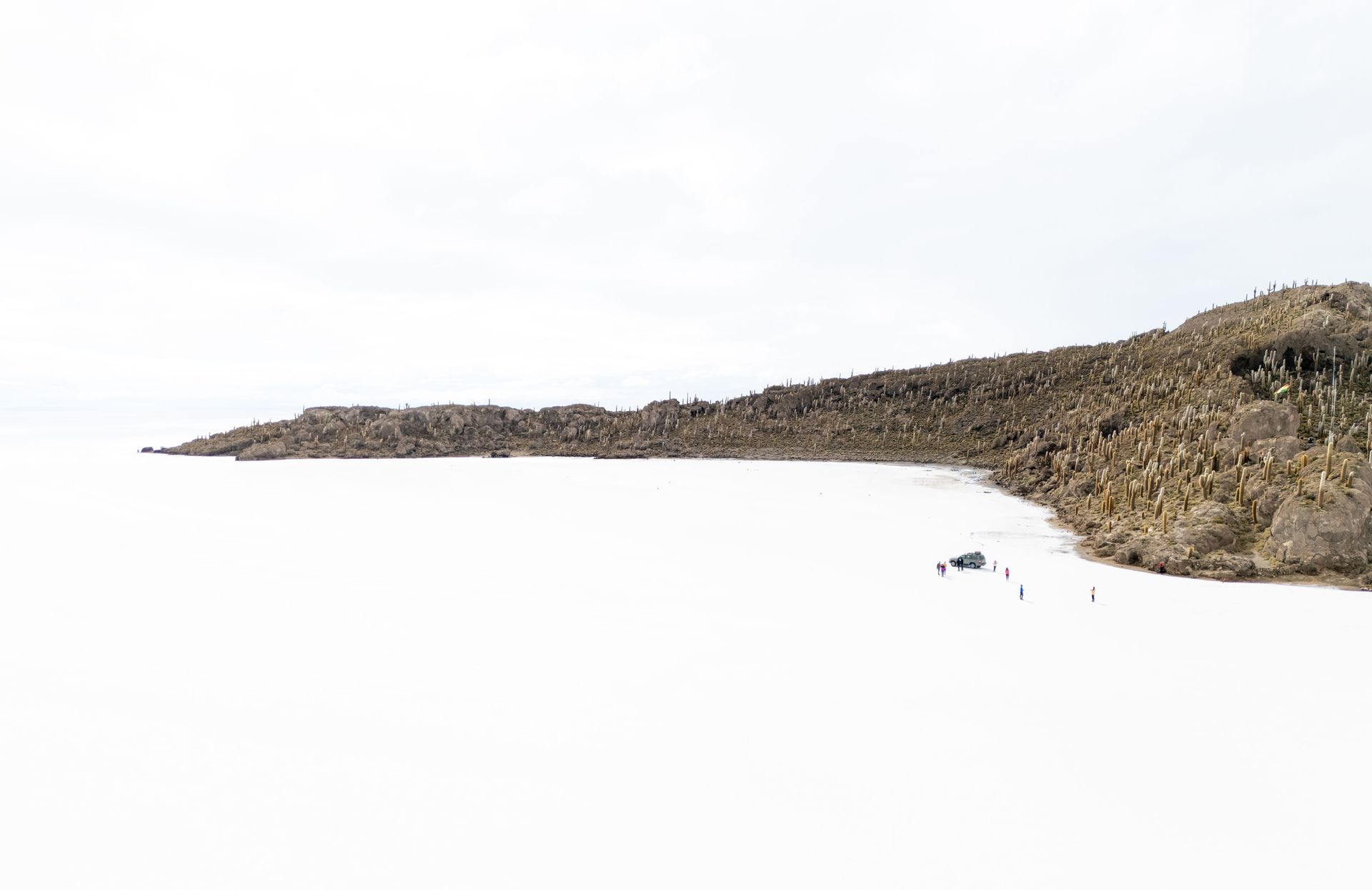 Paisaje nevado con costa rocosa y cielo nublado.