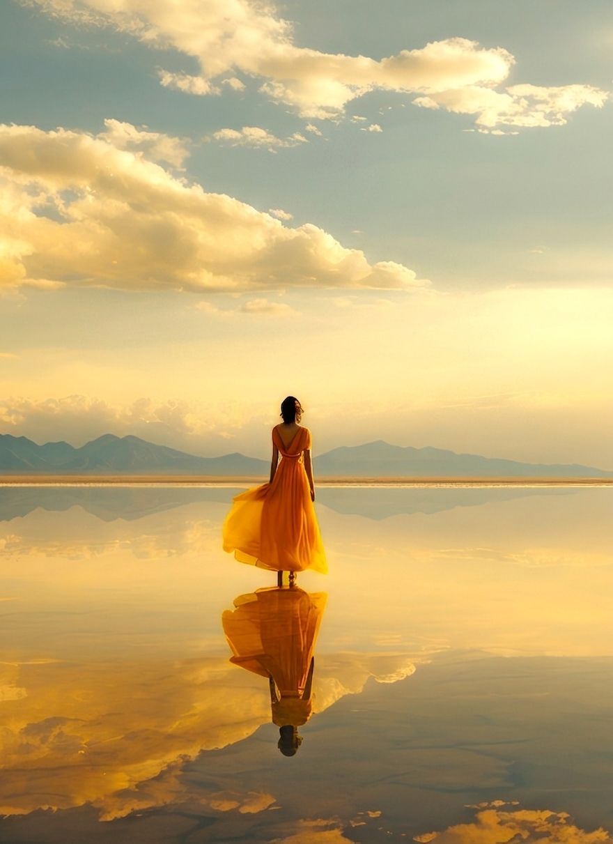 Una persona en el salar de Uyuni al atardecer, con su reflejo en un espejo .