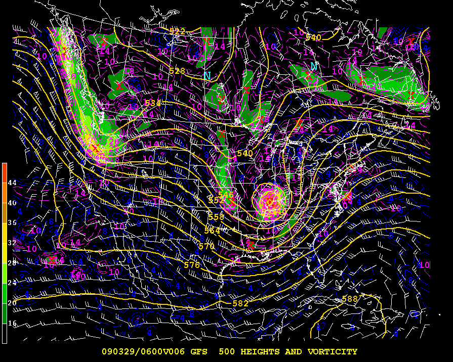 Weather map showing 500 mb heights, vorticity, and wind. 