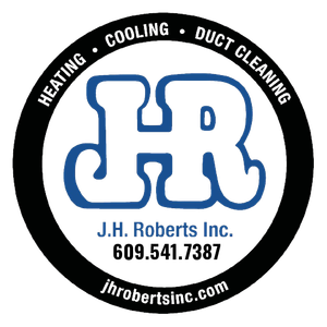 J.H. Roberts Inc. HVAC logo with blue HR monogram, heating, cooling, duct cleaning, website and phone number
