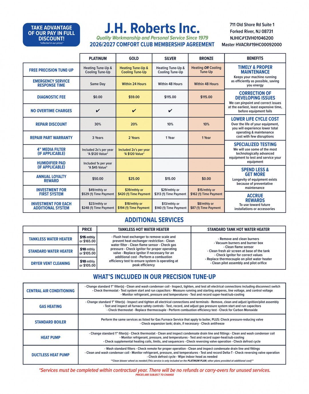 J.H. Roberts Inc. pricing sheet with blue, yellow, and tan tables of contact info and service details