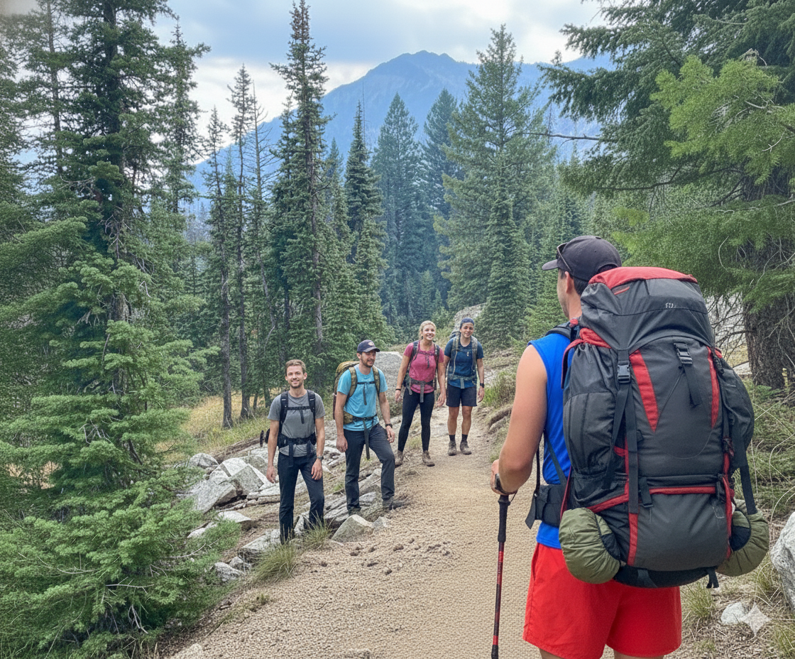 Hikers on a trail. Man in red shorts and backpack leads group on path through a forest toward mountains.