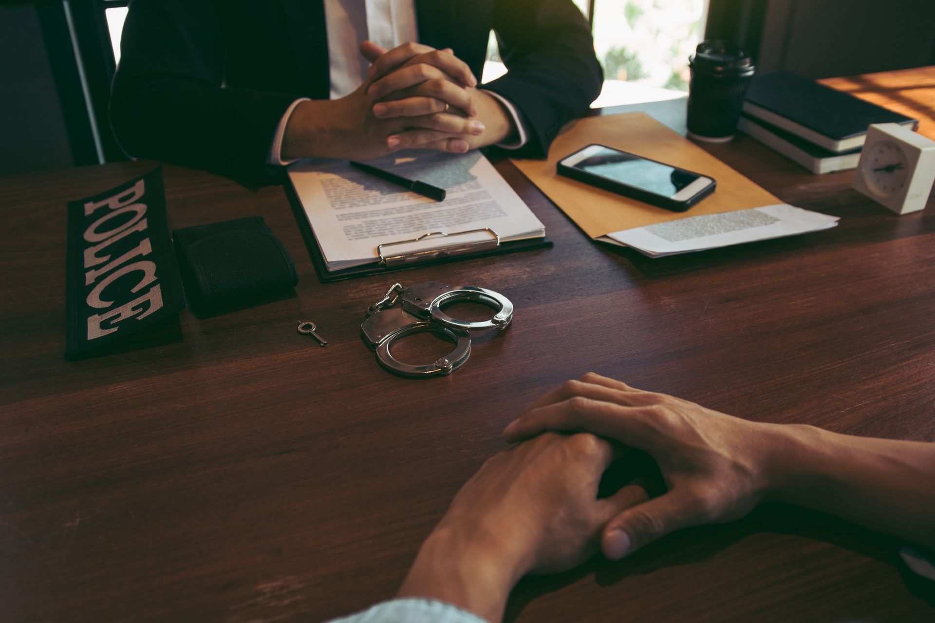 Hands over a desk with a clipboard, phone, wallet, and keys in a dim office setting