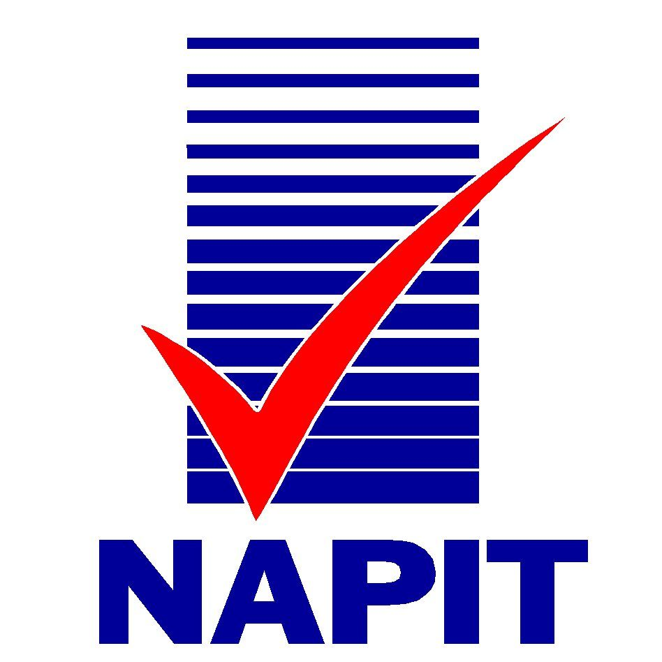 NAPIT logo: Blue and white lines, red check mark, blue text