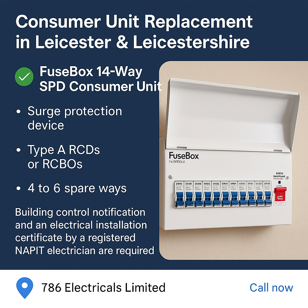 786 Electricals consumer unit replacement in Leicester and Leicestershire