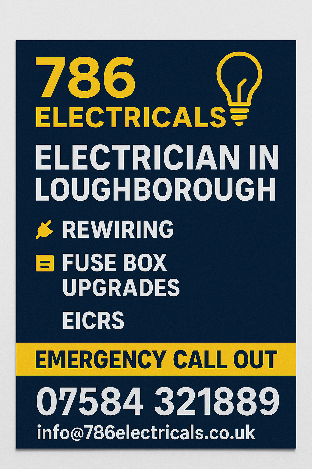 Advertisement for 786 Electricals, an electrician in Loughborough. Includes phone number and services.