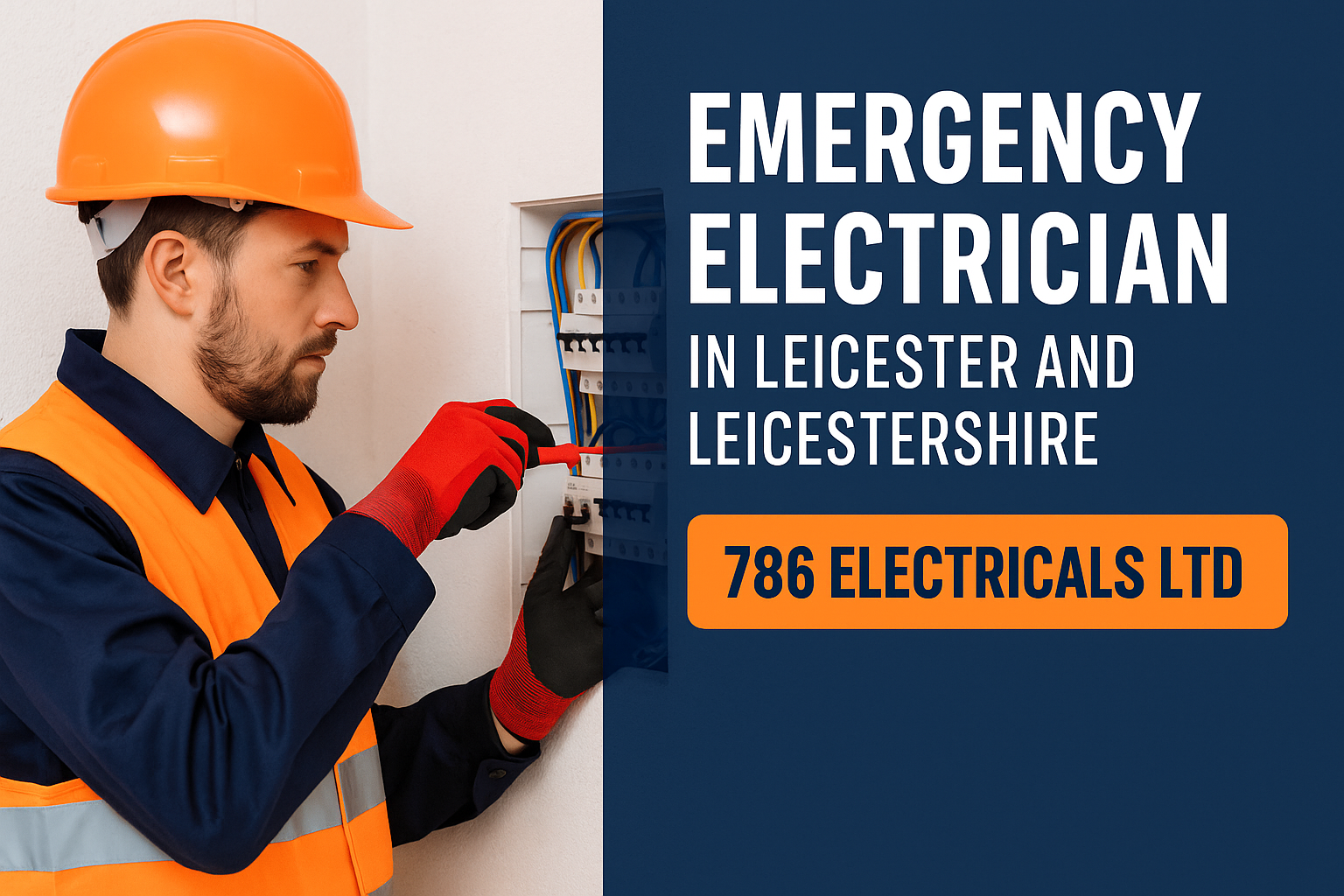 Electrician in Leicester fixing a panel. Text: Emergency Electrician in Leicestershire.