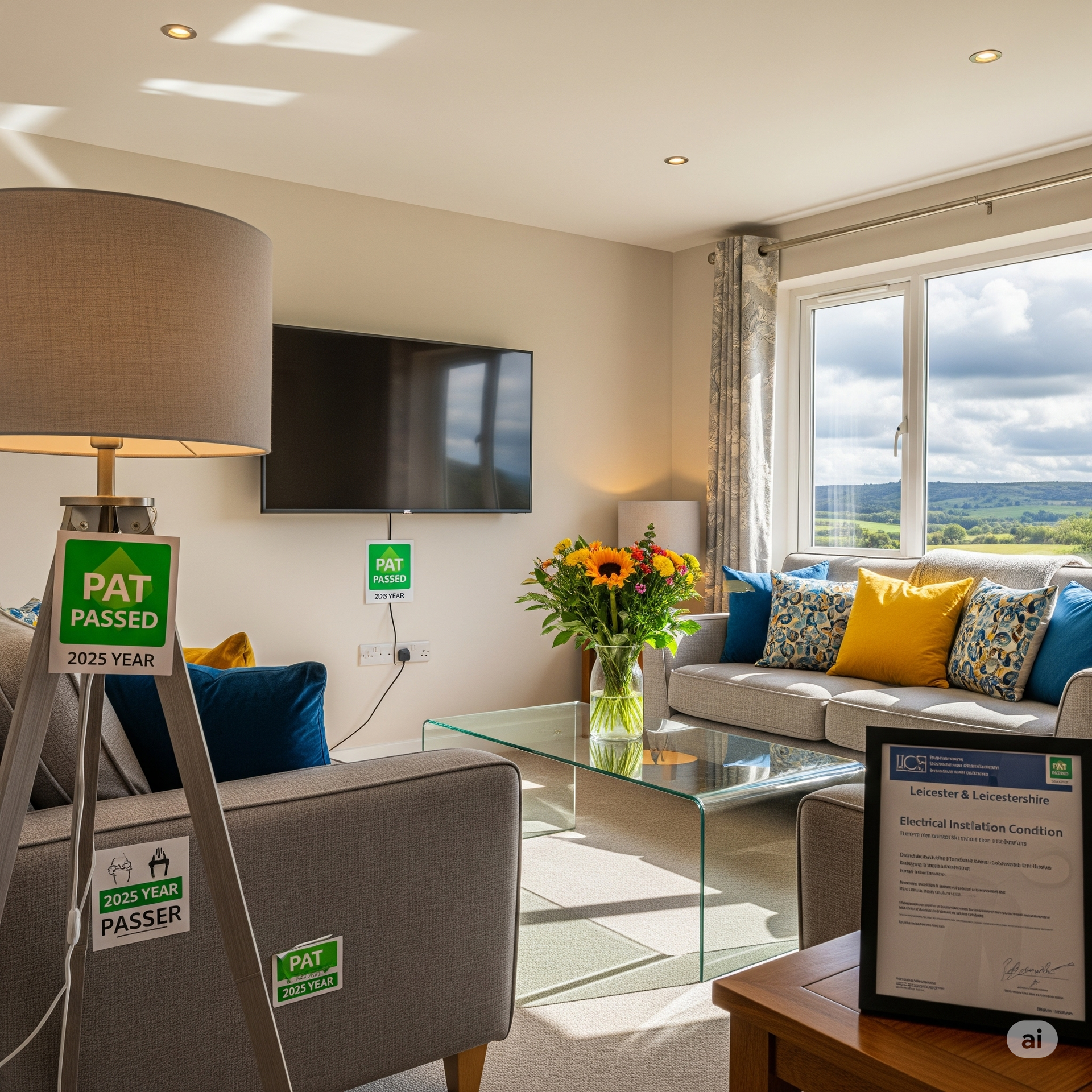 A meticulously maintained, brightly lit modern living room in a Leicestershire holiday let, featuring a grey sofa with colourful cushions, a glass coffee table with fresh flowers, and a wall-mounted TV. Prominently displayed PAT 'PASSED 2025 YEAR' stickers are visible on a lamp and TV cable, alongside a framed 2025 EICR certificate for Leicester & Leicestershire, clearly communicating the property's updated electrical safety and compliance.