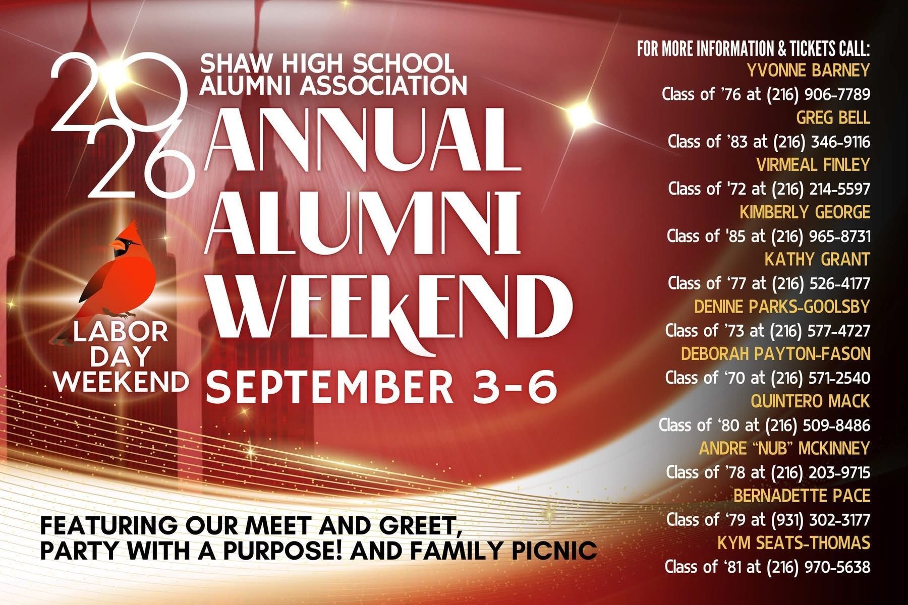 2026 Annual Alumni Weekend poster with red sunset background, Sept. 3-6, featuring meet & greet and picnic events