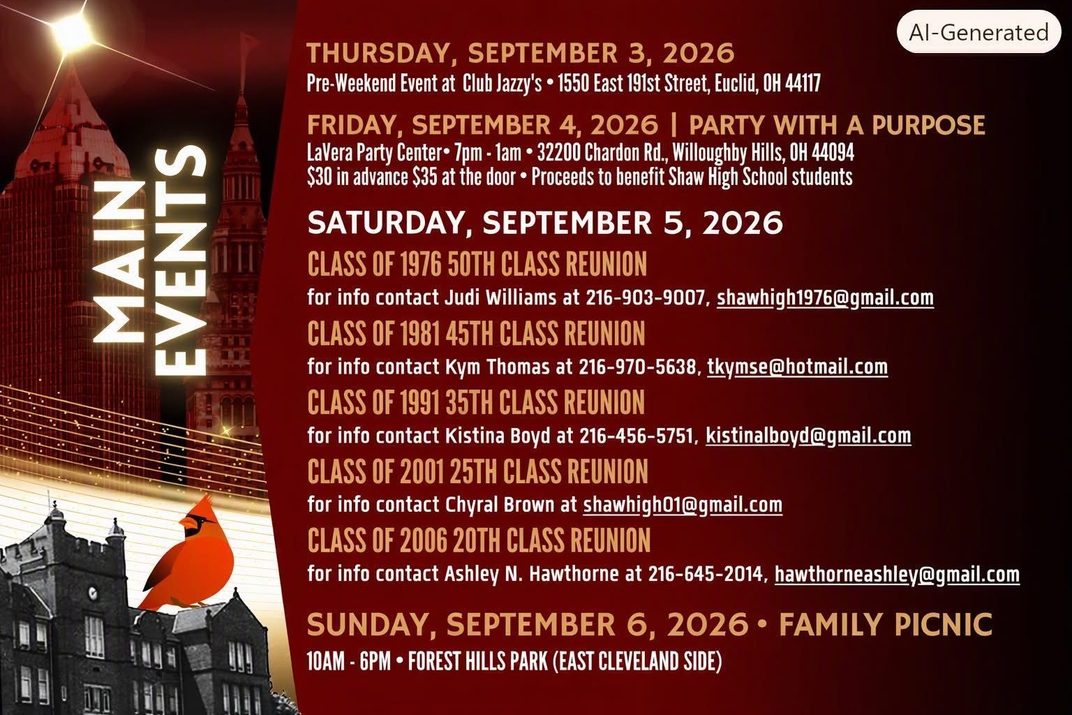 Calendar of church events on a red background with chapel and stained-glass imagery