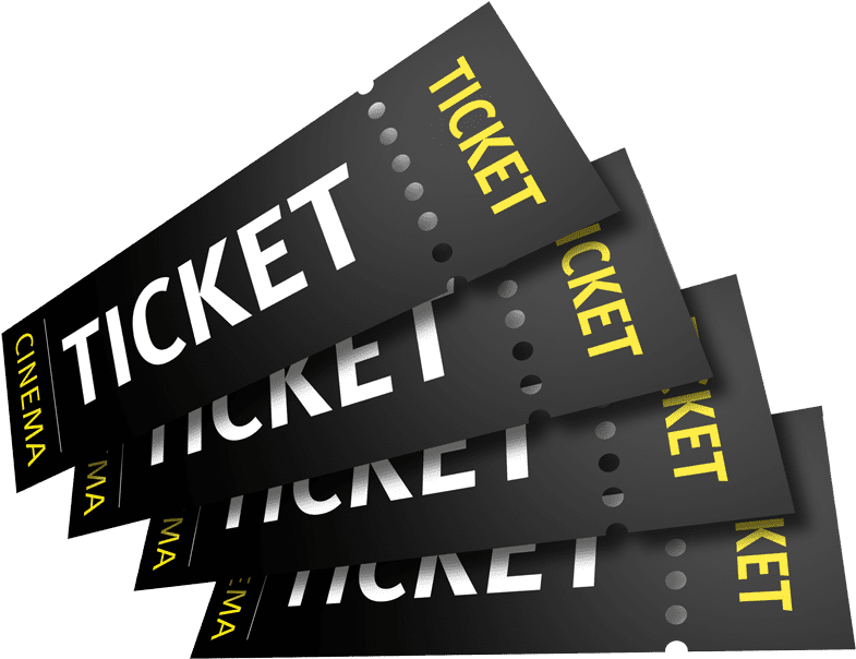 Five black cinema tickets with the word