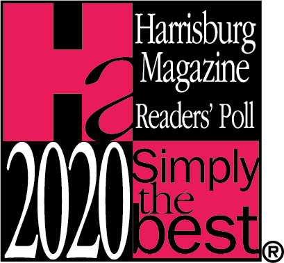 Harrisburg Magazine Readers' Poll 2020 badge in pink, black, and white with “Simply the best” text