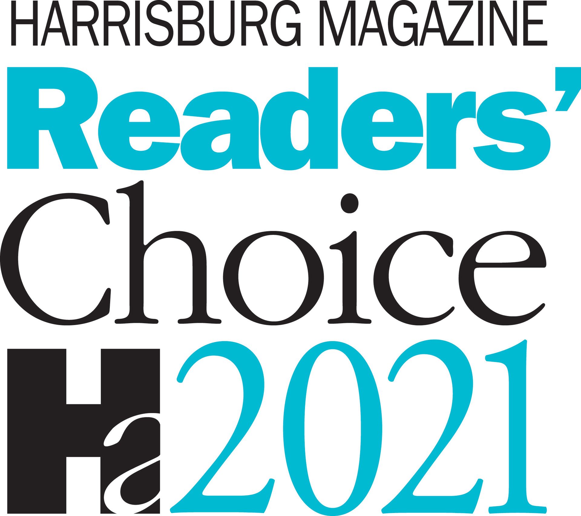 Harrisburg Magazine Readers’ Choice Harrisburg 2021 logo in black, cyan, and white.