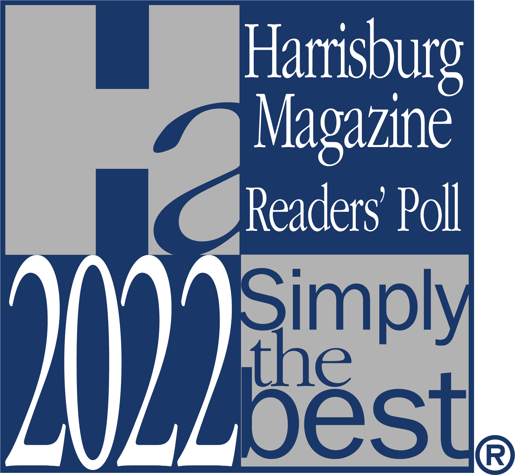 Harrisburg Magazine Readers’ Poll 2022 logo in blue and white, reading “Simply the best”