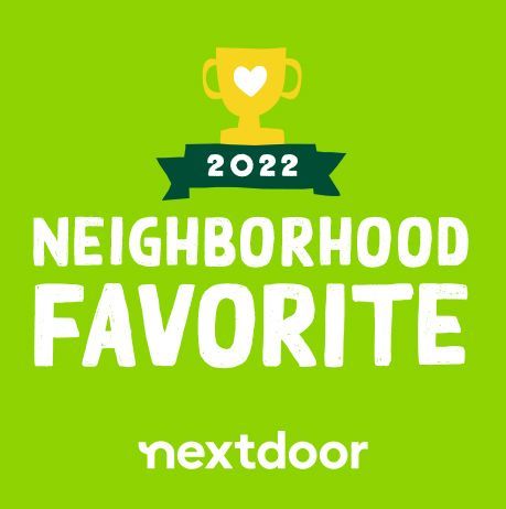 2022 Nextdoor Neighborhood Favorite award badge on bright green background with trophy icon