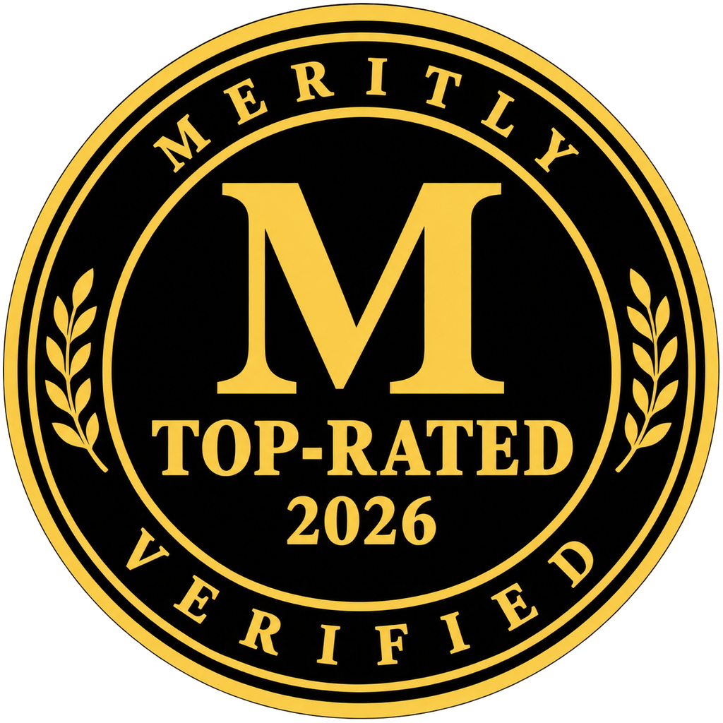 Black and gold “M Top-Rated 2026 Verified” badge with laurel wreath border
