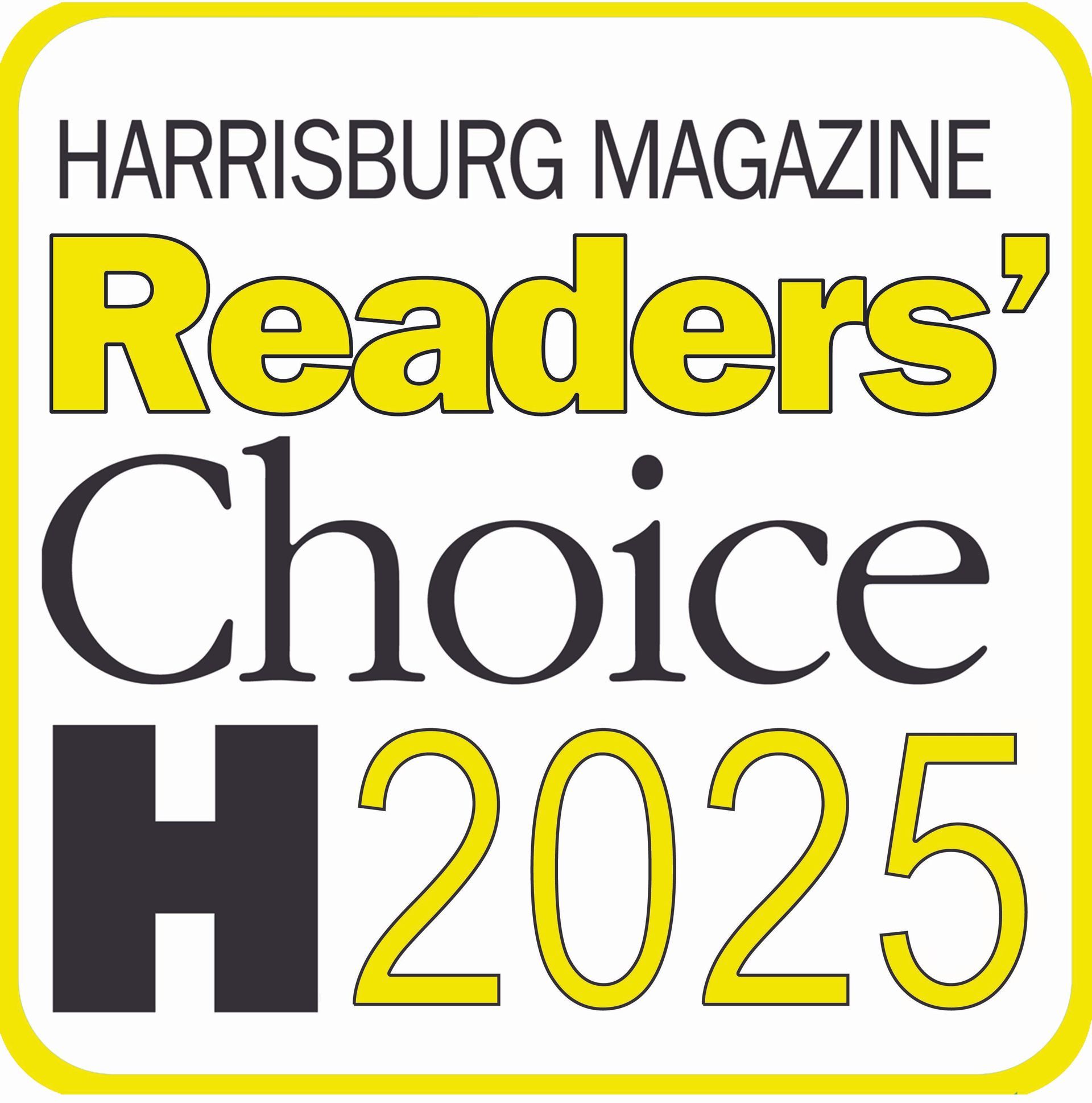 Harrisburg Magazine Readers’ Choice 2025 logo in black, white, and yellow with a rounded border