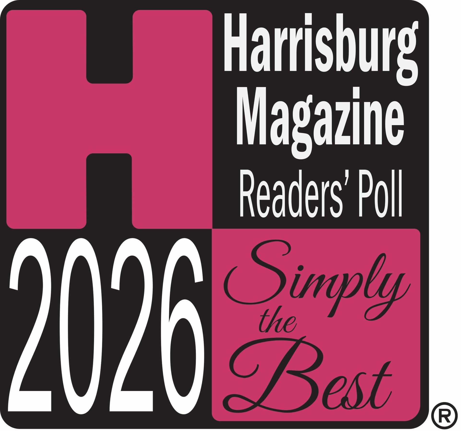 Harrisburg Magazine Readers’ Poll 2026 “Simply the Best” award logo in pink, black, and white