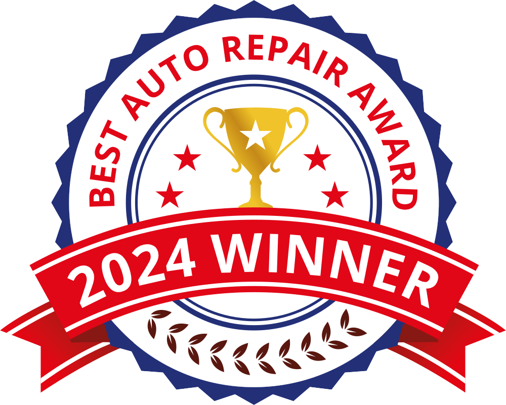 “Best Auto Repair Award” badge with trophy and red “2024 Winner” ribbon