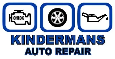 Kindermans Auto Repair logo with blue-bordered icons for check engine, tire, and oil above bold blue text