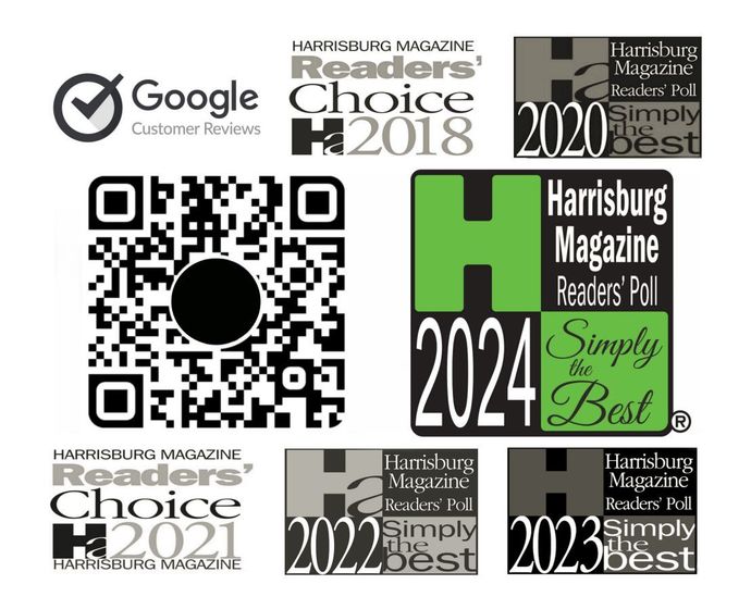 Google review and Readers’ Choice award badges for Harrisburg Magazine, featuring a QR code and 2024–2021 logos