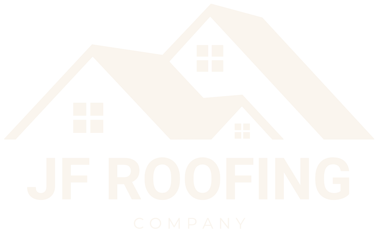 JF Roofing Company logo with stylized tan roof and house icon on a white background