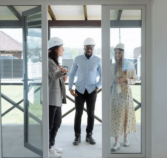 Three people wearing hard hats are standing in front of a sliding glass door