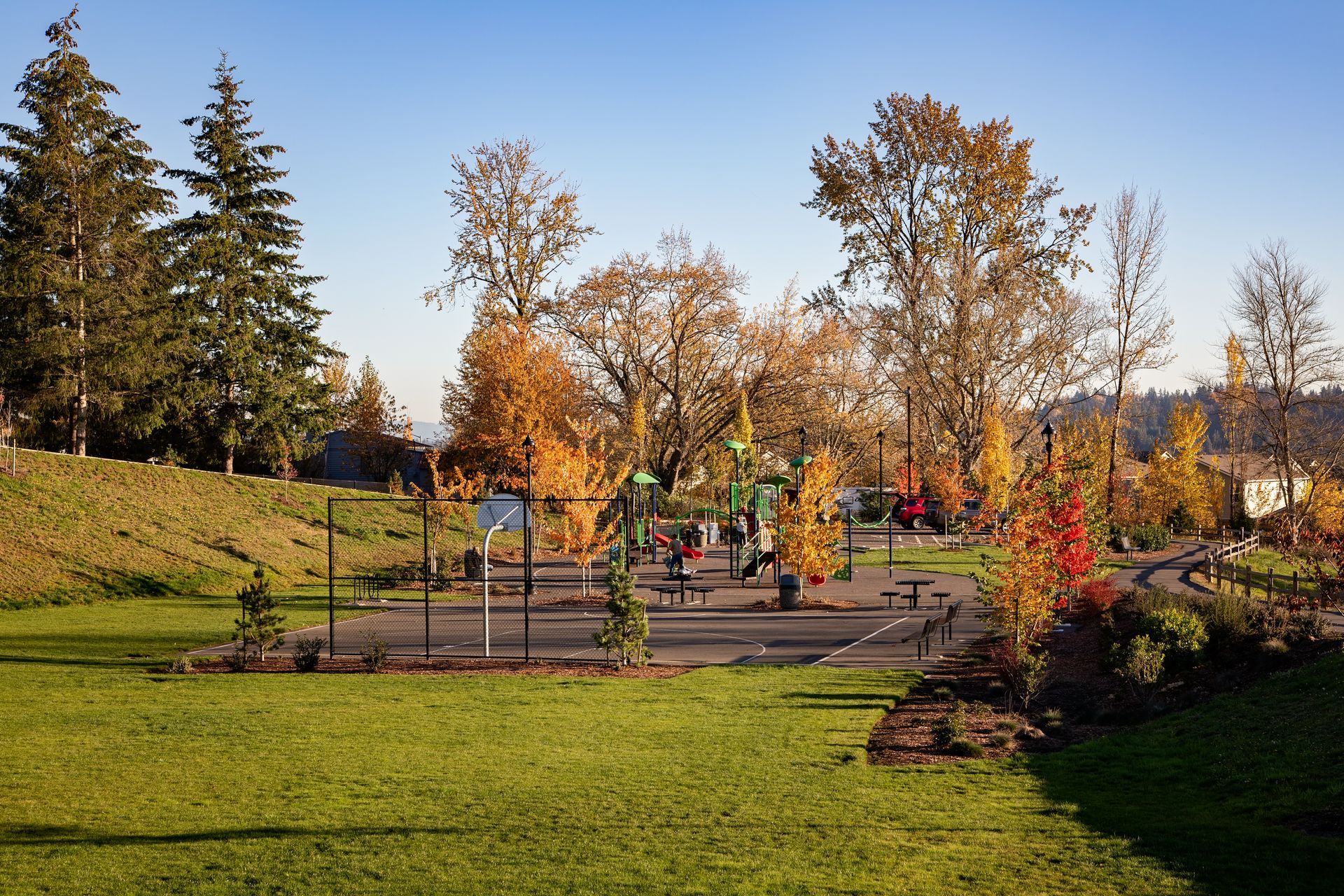 A basketball court in a park with trees in the background