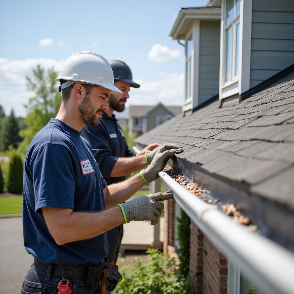 Two workers in hard hats clean a gutter on a house, removing debris.