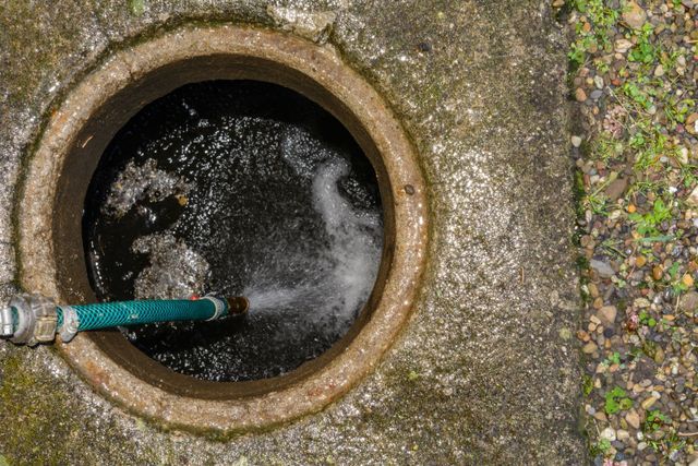 Acqua che esce da un tubo e finisce in un tombino circolare e buio. Intorno all'apertura c'è del cemento.