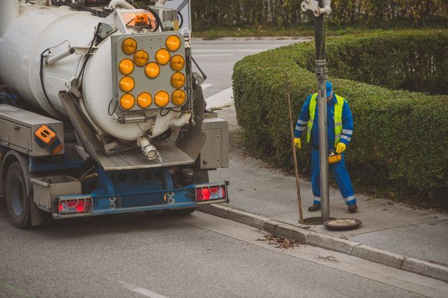 Un operaio in tuta blu vicino a un camion delle acque reflue, con uno scarico stradale.