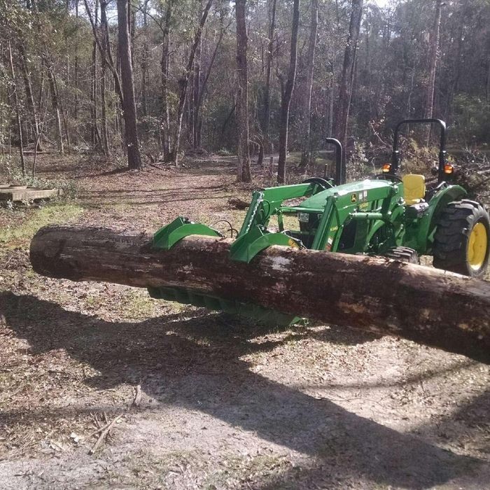Green tractor using a front loader to lift a large fallen log in a wooded clearing.