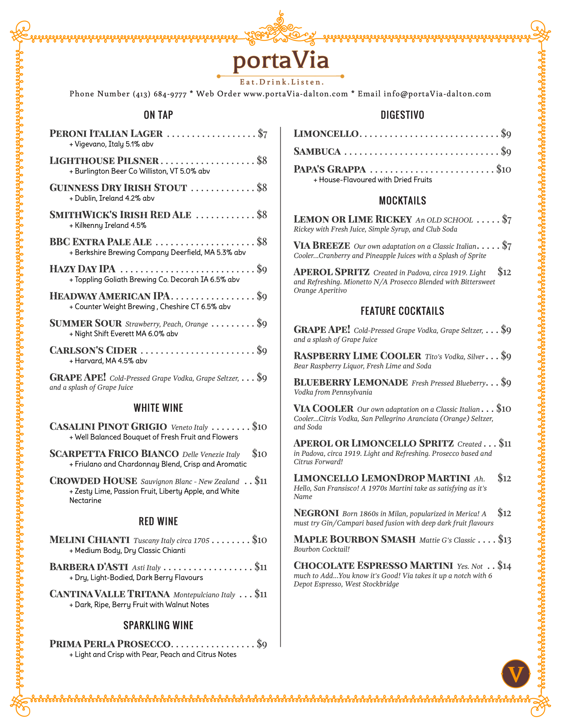 A menu for a restaurant called porta via