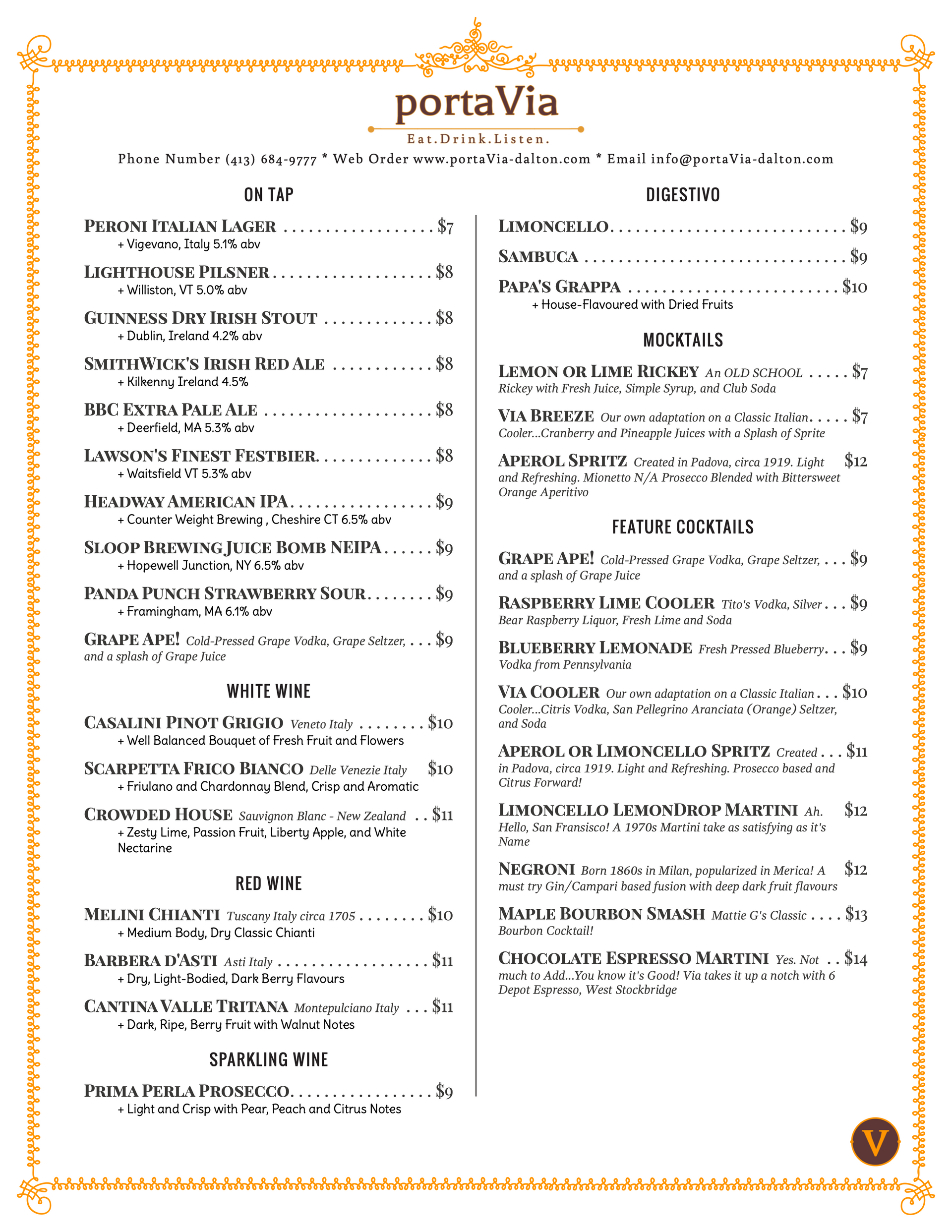 A menu for a restaurant called porta via
