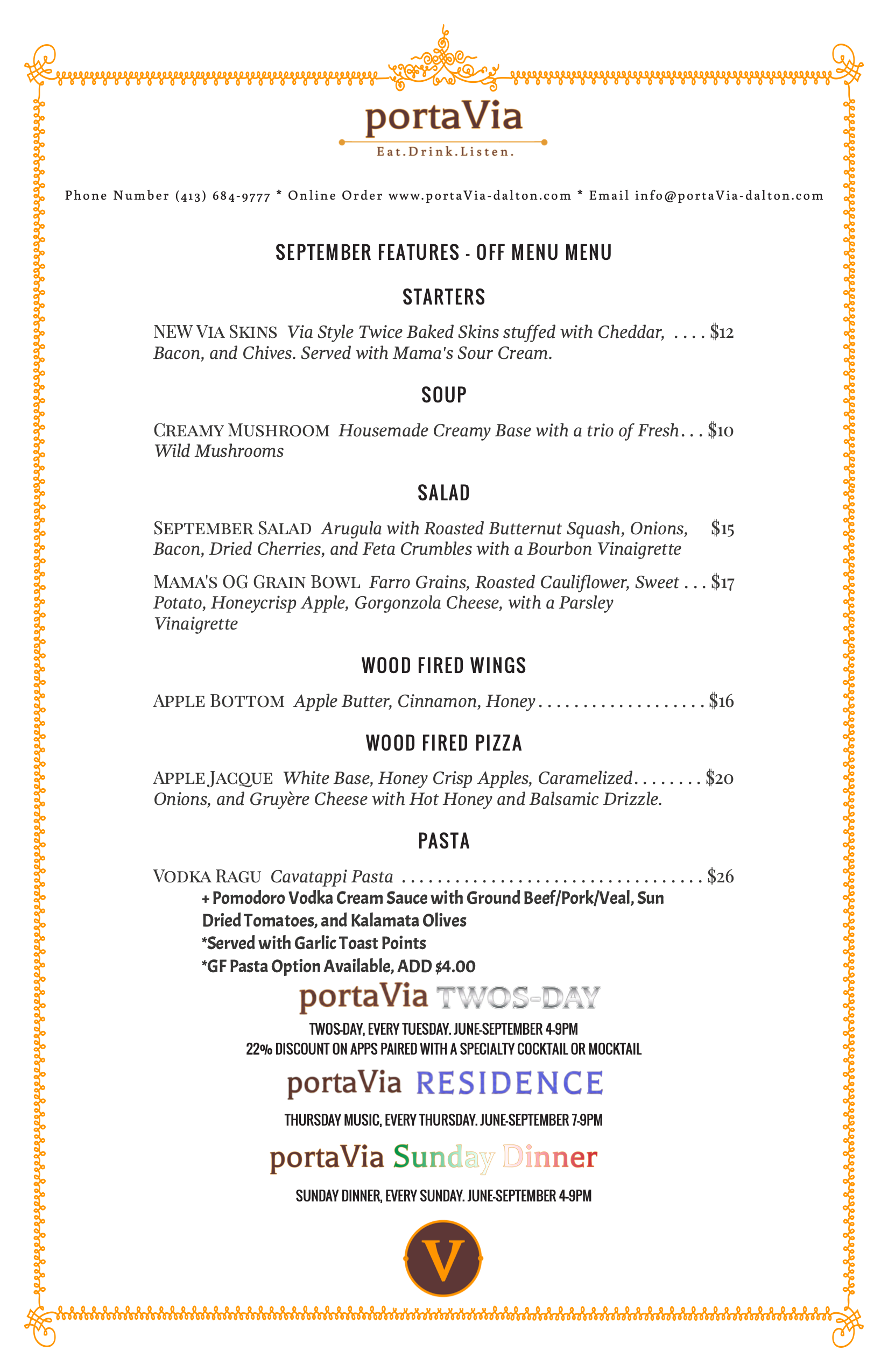 A menu for a restaurant called portavia blue