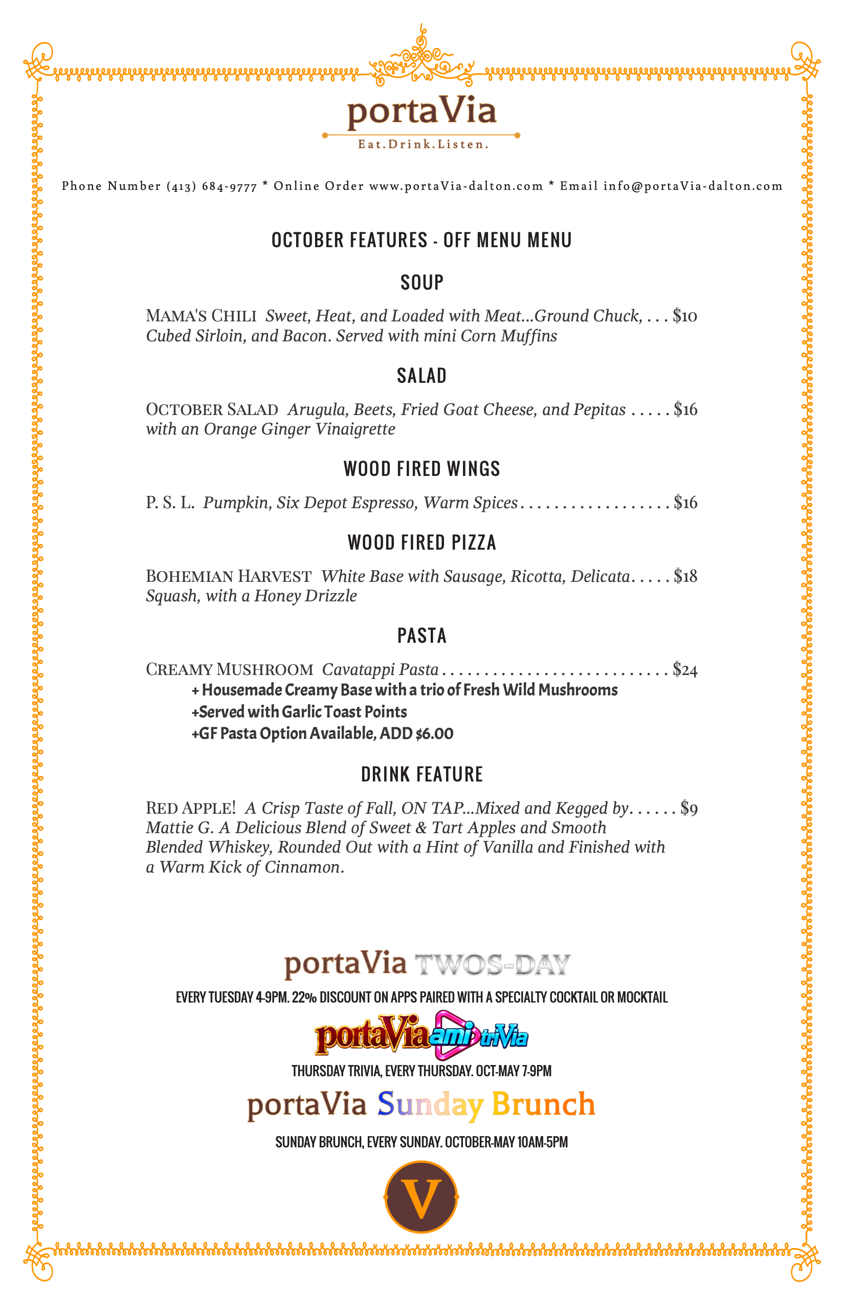 A menu for a restaurant called portavia blue