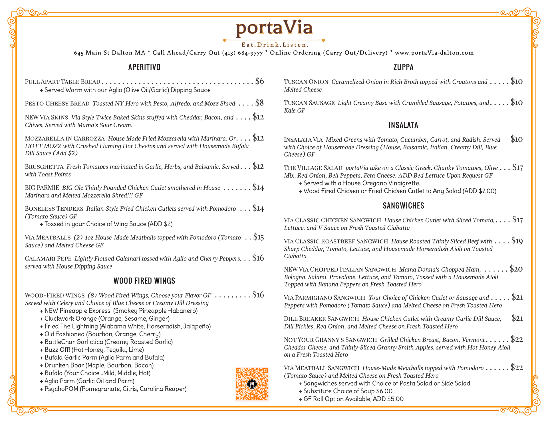 A menu for a restaurant called porta via.