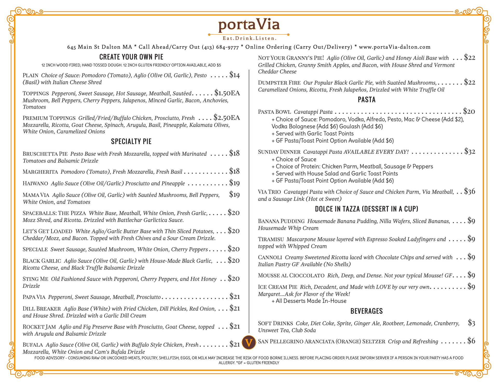 A menu for a restaurant called porta via