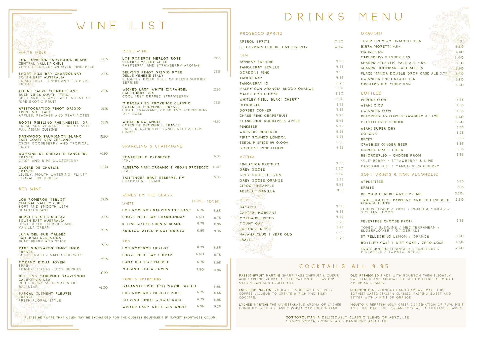 rising sun christchurch dorset drinks menu