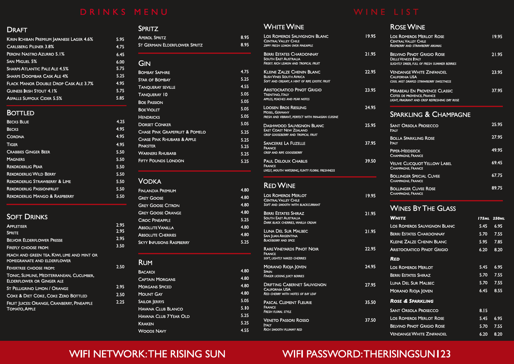 rising sun christchurch dorset drinks menu