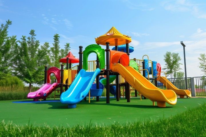 A colorful playground structure with three slides (pink, blue, yellow) on a green surface under a bright blue sky.