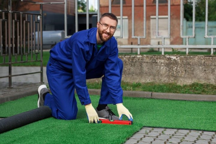 A smiling professional in blue workwear kneeling on the ground while installing green artificial turf outdoors.