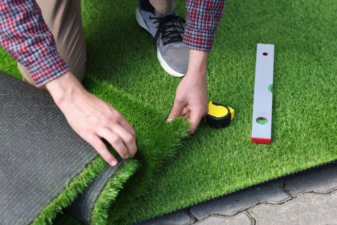 A person installing artificial turf, using a tape measure and level to align the grass edges on a paved surface.