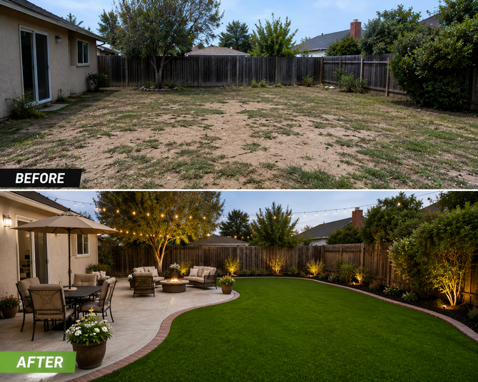 before and after photo of a yard with dirt and then after with artificial grass and landscaping