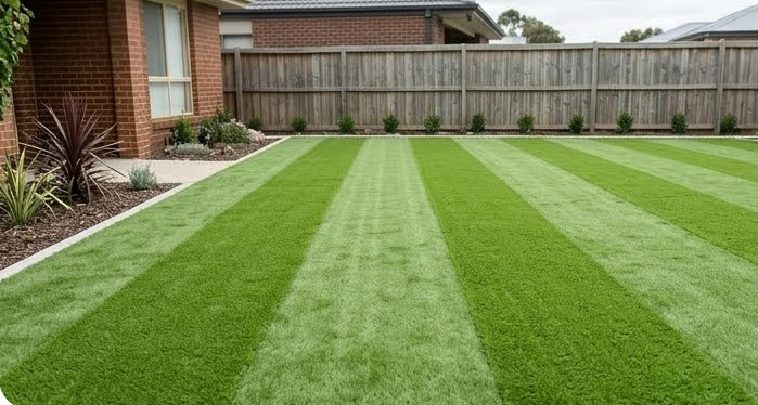 A backyard with a striped, manicured lawn bordered by a paved edge, garden plants, a brick house, and a wooden fence.